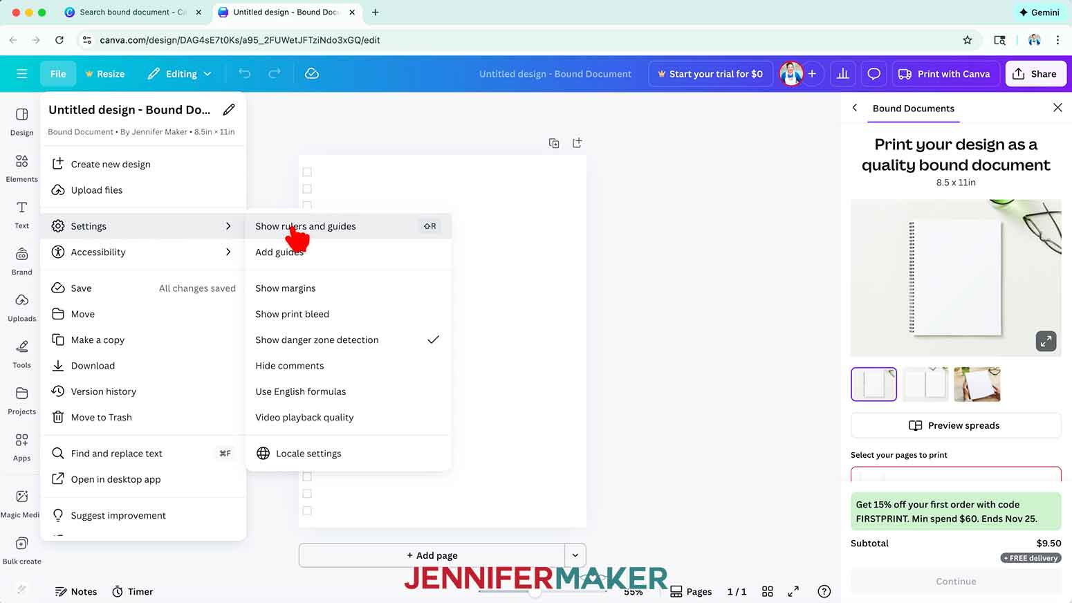 Click on File and then Settings to select "Show rulers and guides."