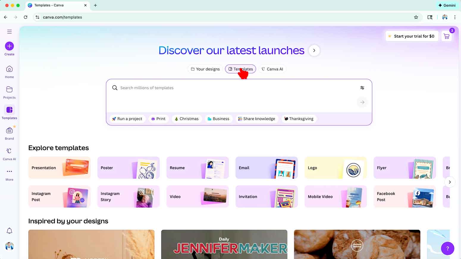 Click on the "Templates" button to search the options.