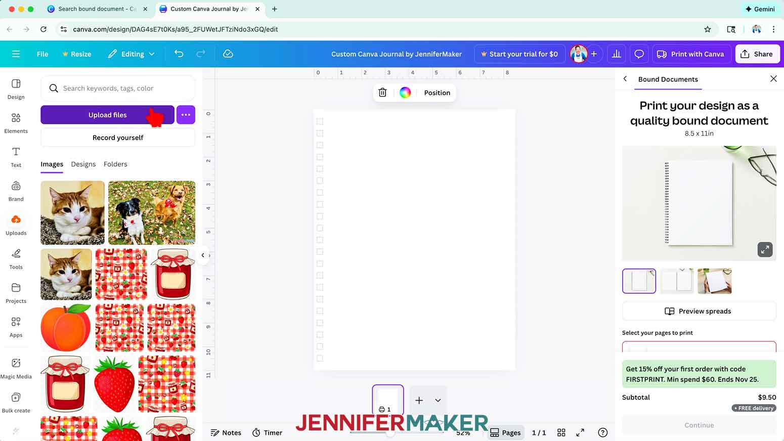 Click on the Uploads icon and select the purple Upload files button.
