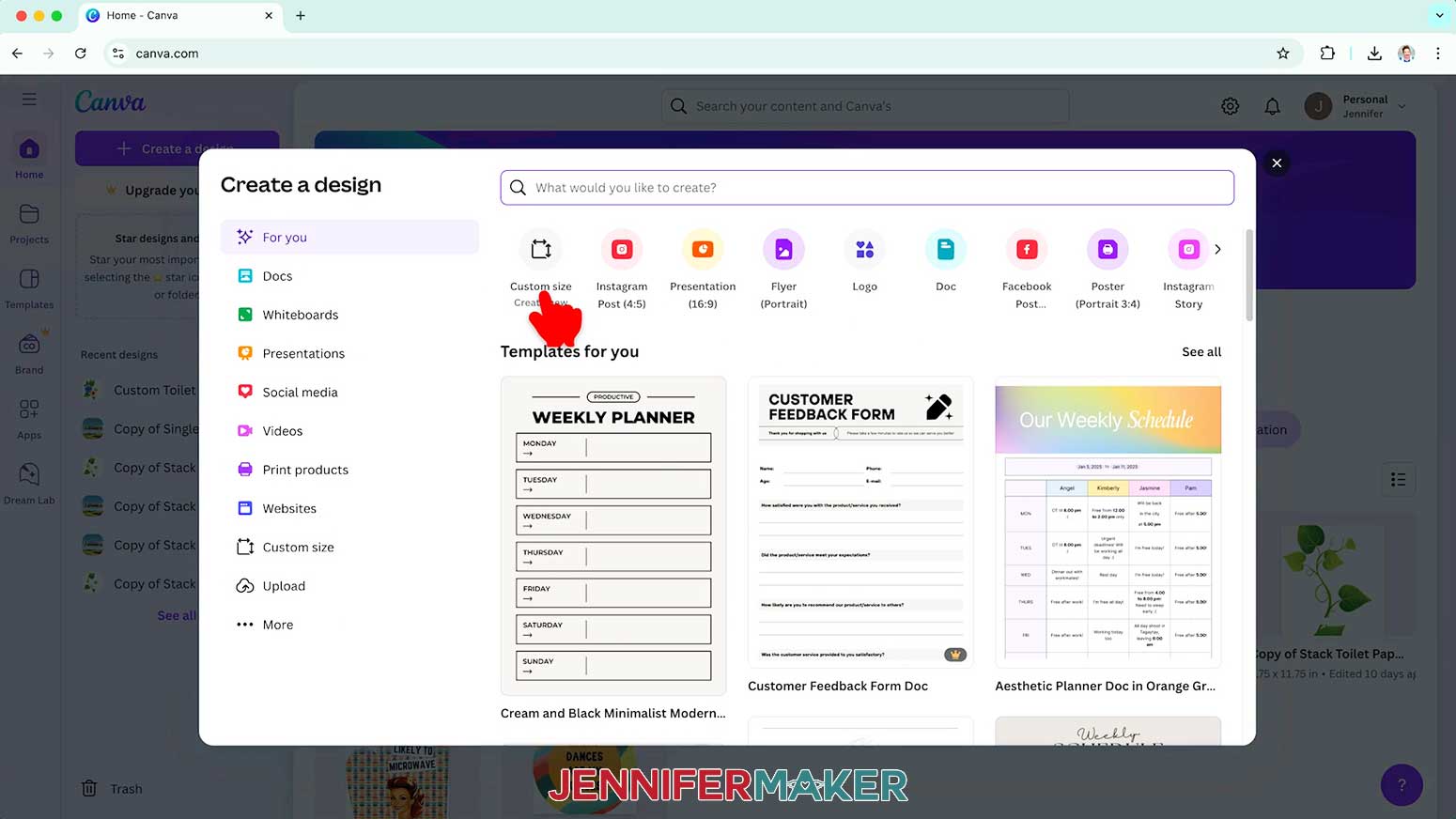 Click on Create a Design and click on the Custom Size size option.
