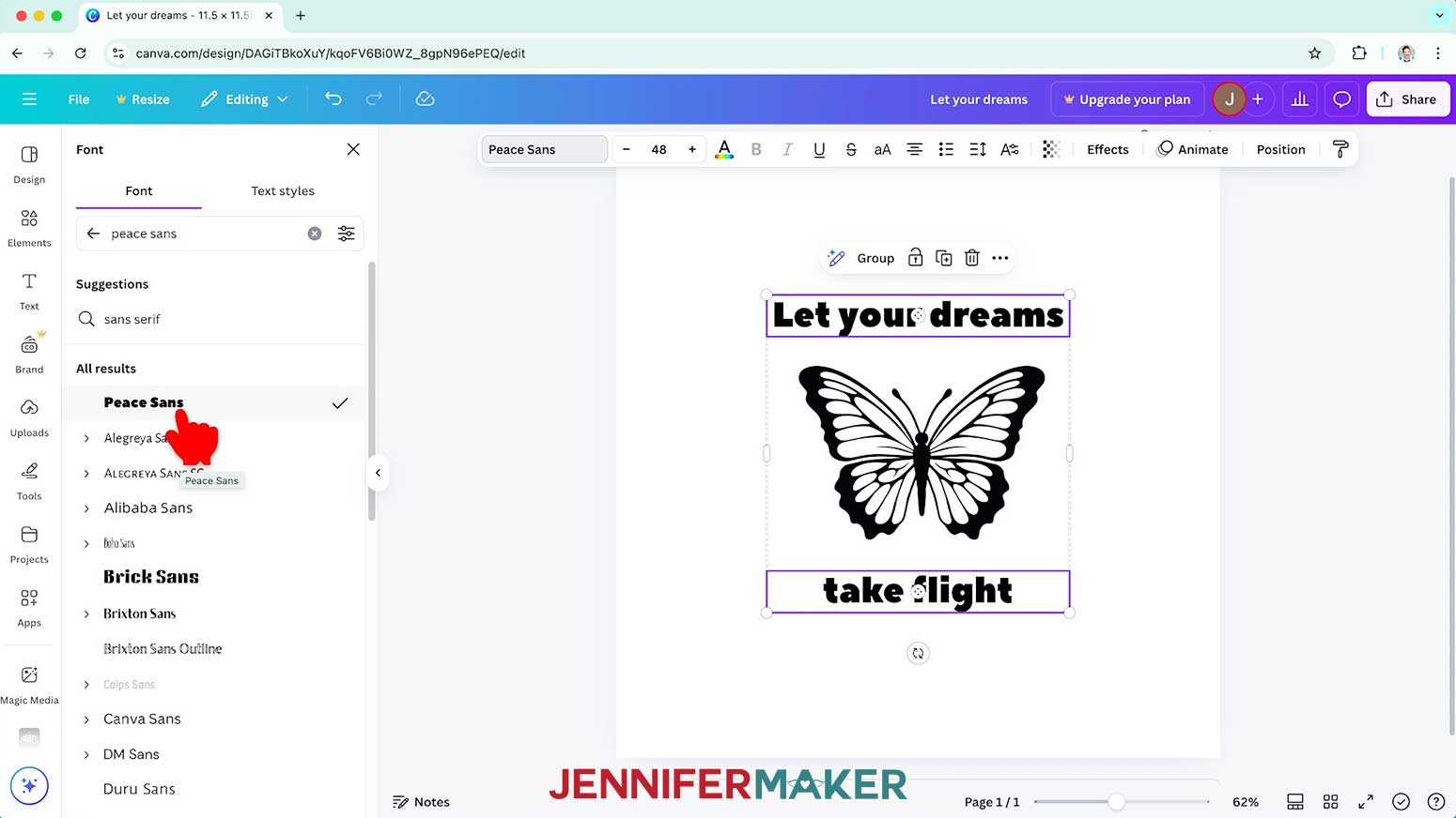 Press and hold Shift to select both text boxes and select a font like Peace Sans.