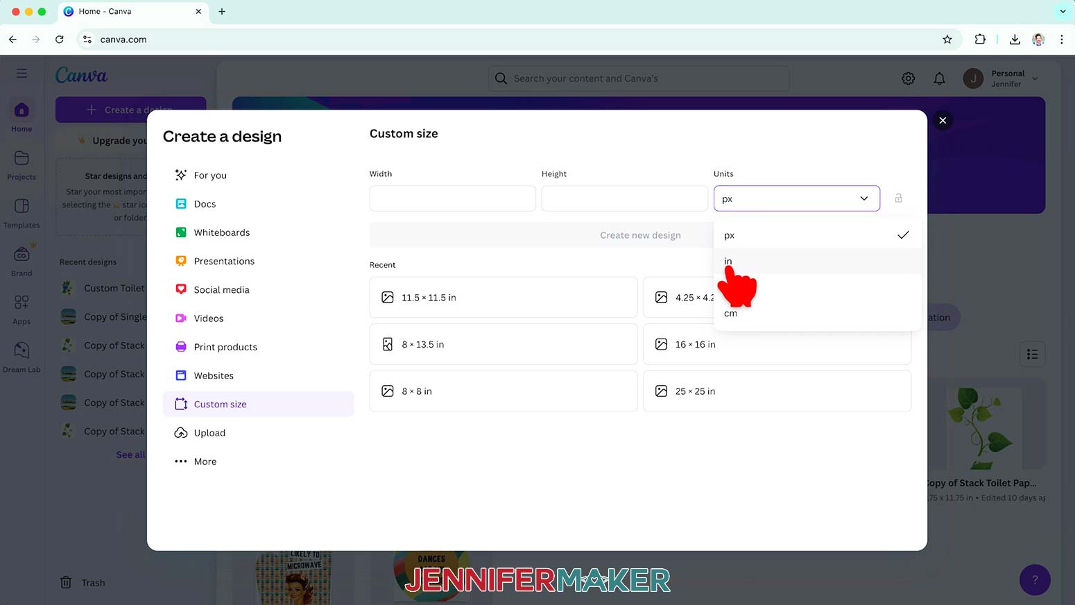 Click on the Units dropdown and change from px to in for inches.