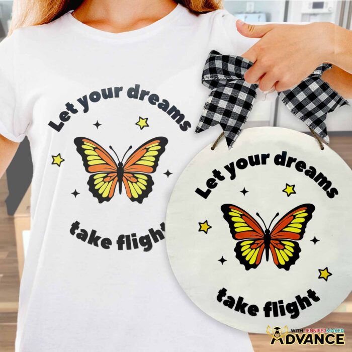 Learn How To Create A Cut File In Canva with the free tutorial! Join Advance with JenniferMaker to learn how to make a multicolored vinyl butterfly design like these on a sign and T-shirt.