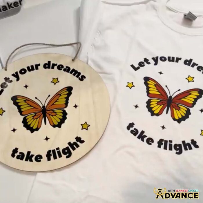 Multicolored vinyl butterfly designs decorate a round wood sign and white T-shirt. Follow my Learn How To Create A Cut File In Canva tutorial in the Advance with JenniferMaker program to learn how to make your own