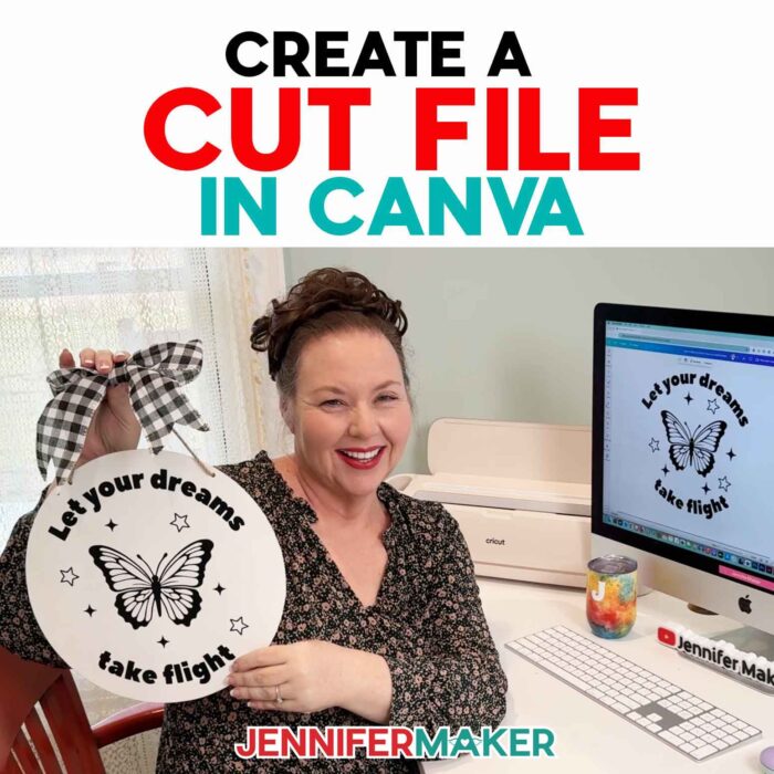 Learn How To Create A Cut File In Canva with the free tutorial! Custom vinyl butterfly design on a sign and T-shirt.