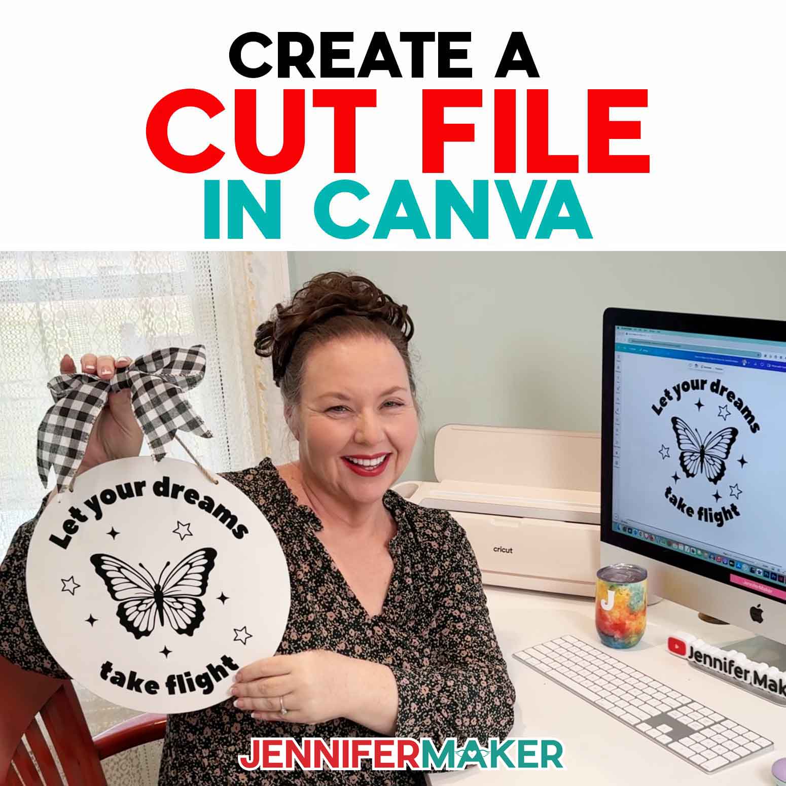 Learn How To Create A Cut File In Canva with the free tutorial! Custom vinyl butterfly design on a sign and T-shirt.