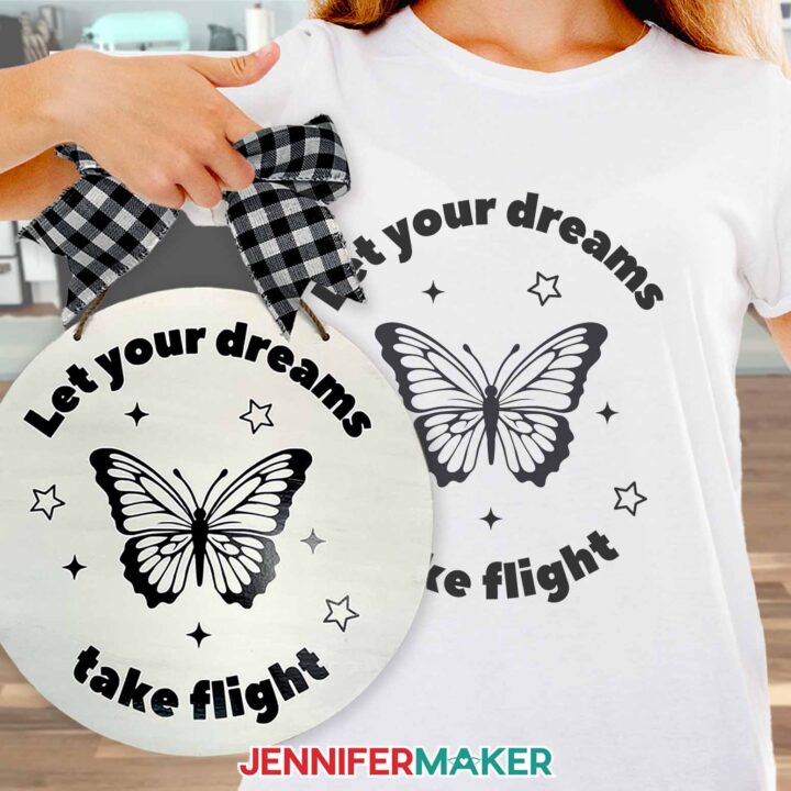 Canva cut design on a wooden round sign and a white shirt.