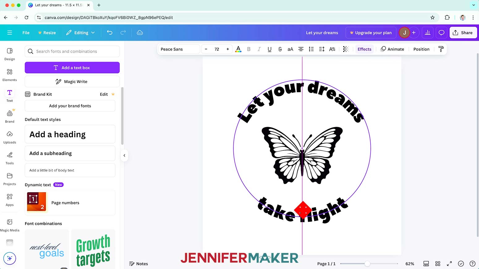 Use the canvas guides to center the sentiment text boxes with the butterfly design.