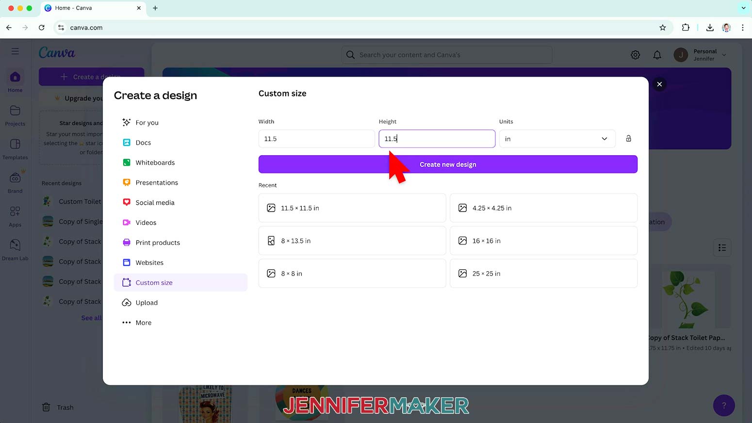 Enter 11.5 for the width and height of the design Canva canvas.