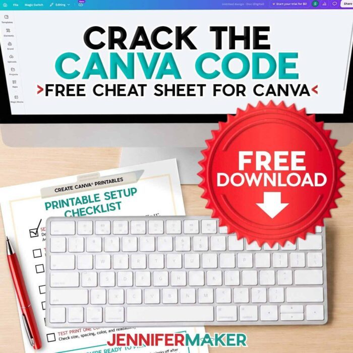 Computer keyboard with printed Canva Printables cheat sheet.