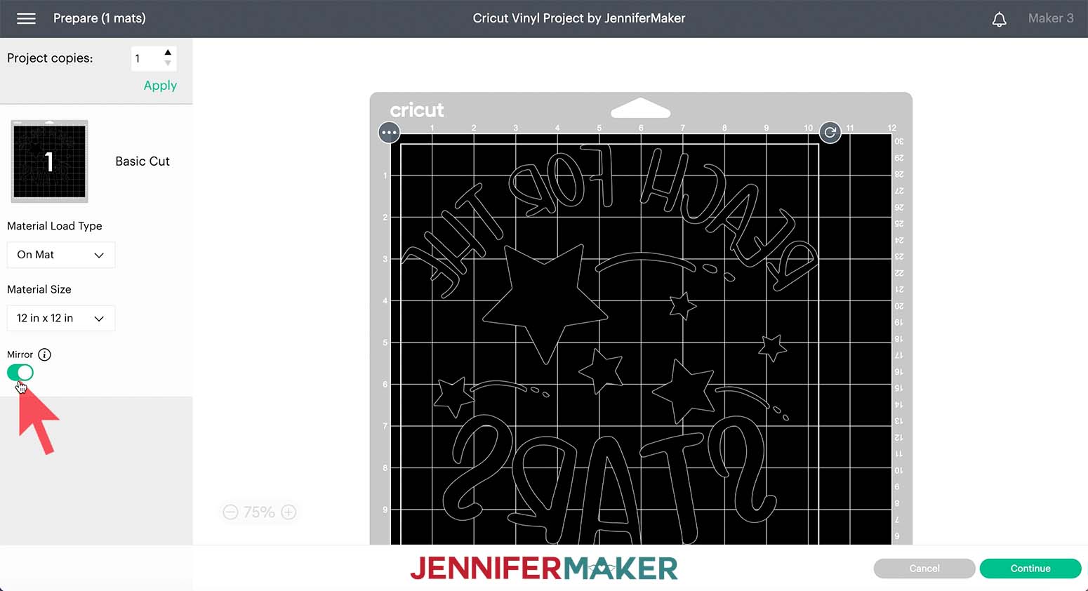 Screenshot of Cricut Design Space Prepare step for the Stars design with the Mirror function turned on and the design reversed on the mat.