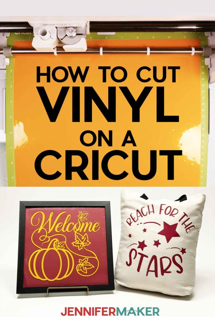 How to cut vinyl on a Cricut displayed on a cutting mat above fall and star-themed vinyl designs.