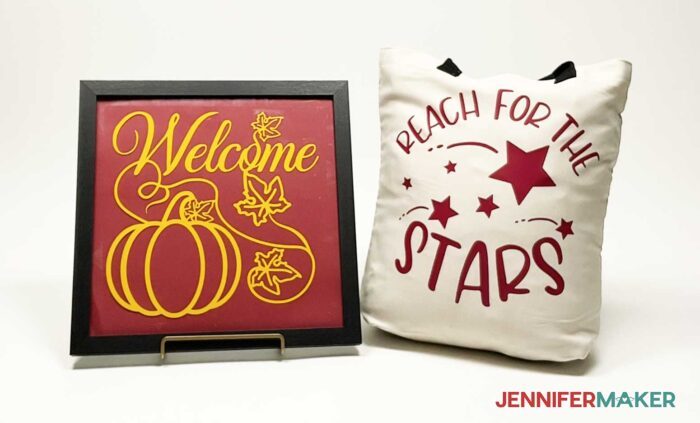 Framed fall-themed welcome sign and white tote bag with red reach for the stars design from the how to cut vinyl on Cricut tutorial.