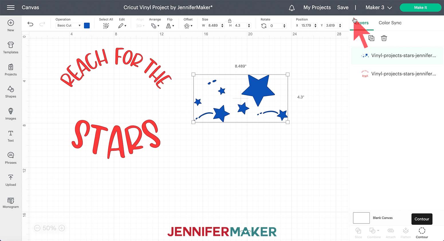 Screenshot of Cricut Design Space Canvas showing the stars of the copy of the design have been changed to blue.