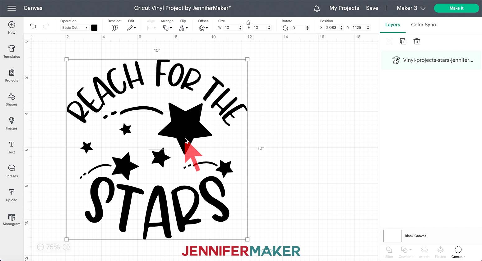 Screenshot of Cricut Design Space Canvas showing the Stars design in blank and sized ten inches by ten inches.