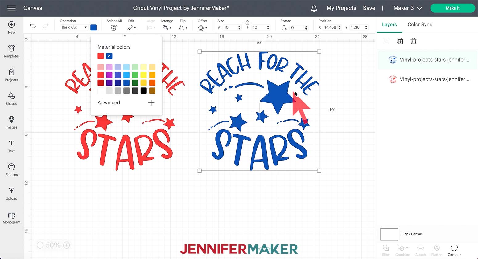 Screenshot of Cricut Design Space Canvas showing to change the duplicate of the Stars design to the color blue using the color menu.