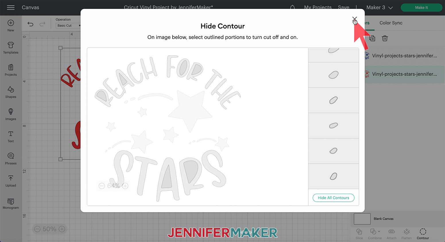 Screenshot of Cricut Design Space Canvas Hide Contour menu showing to select parts of the Stars design to hide.