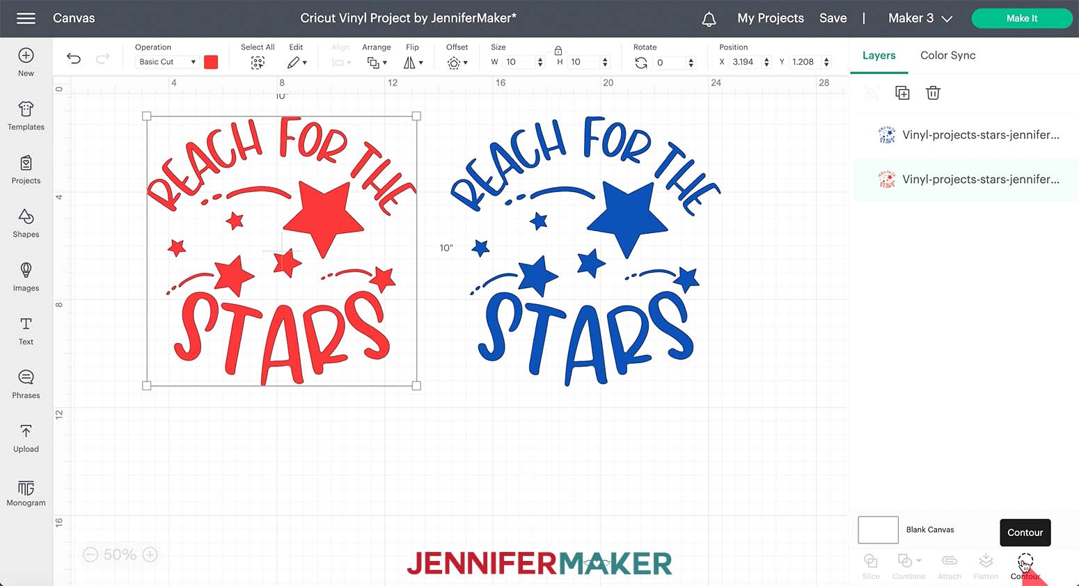 Screenshot of Cricut Design Space Canvas showing to click the Contour menu to hide parts of the selected copy of the Stars design.
