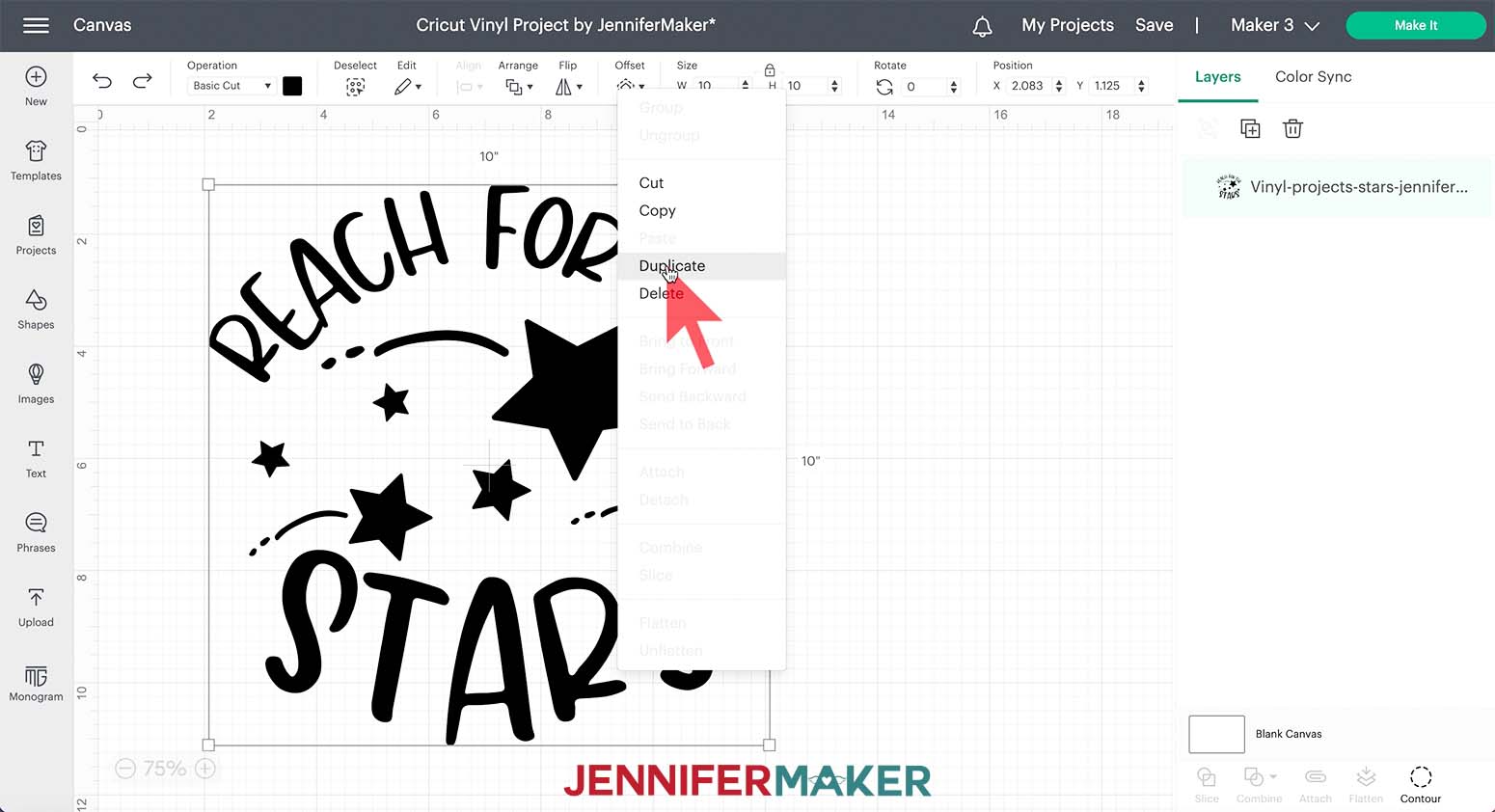 Screenshot of Cricut Design Space Canvas showing to select Duplicate to make two copies of the Stars design.