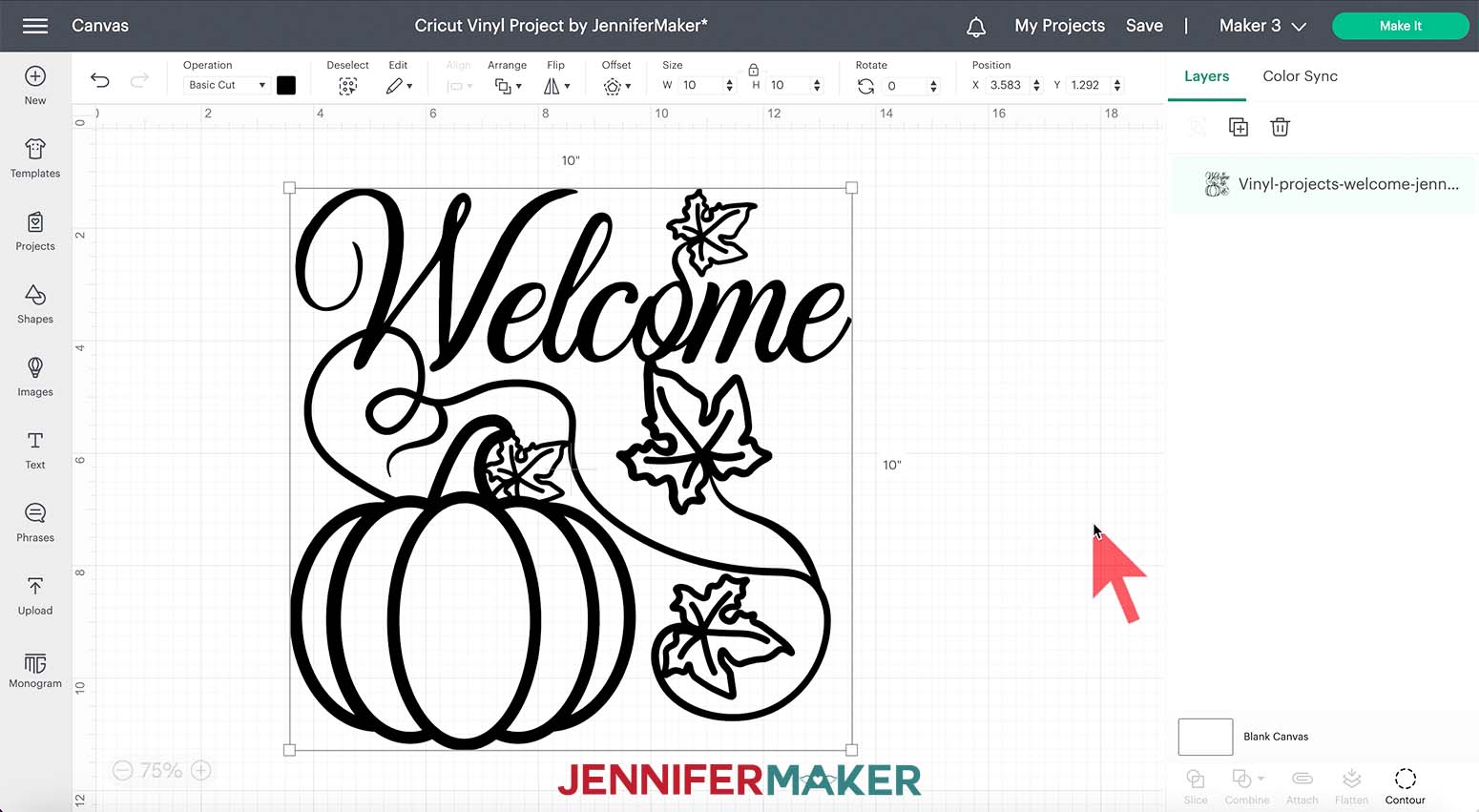 Screenshot of Cricut Design Space Canvas showing the size of the welcome image at ten inches by ten inches.