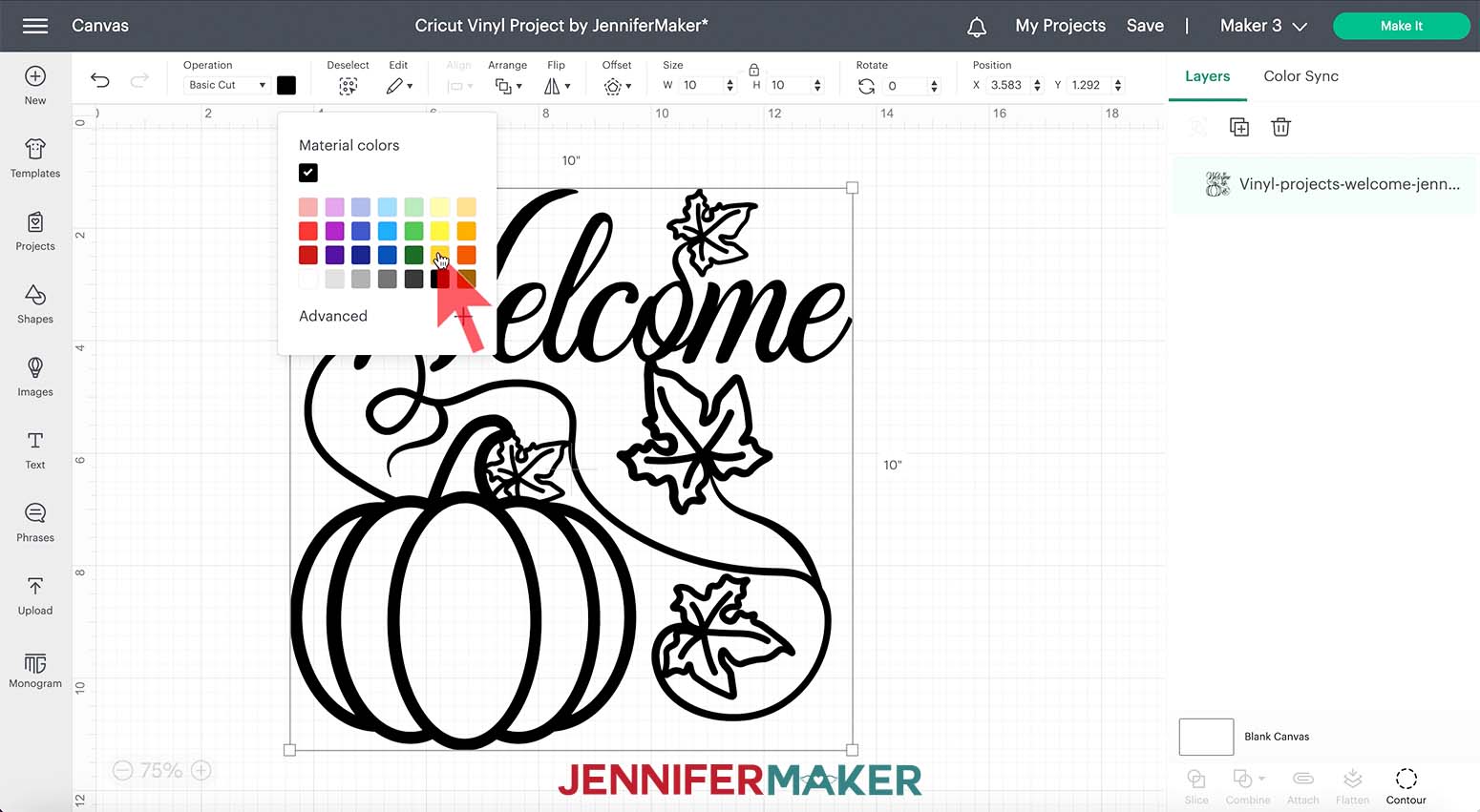 Screenshot of Cricut Design Space Canvas showing to select the color menu to change the color of the selected image.