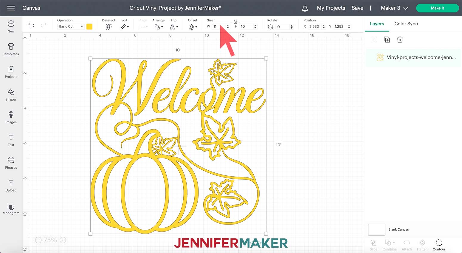 Screenshot of Cricut Design Space Canvas showing the Welcome design has been changed to a yellow color from black.