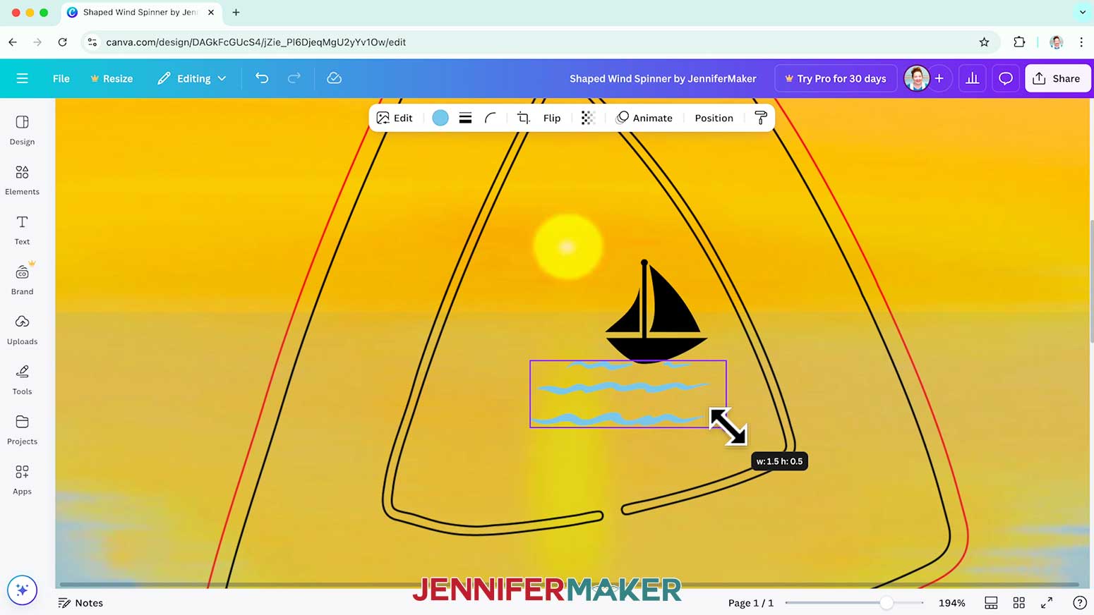 Resize the element on the shaped wind spinner design by clicking and holding the corner of the element and dragging.
