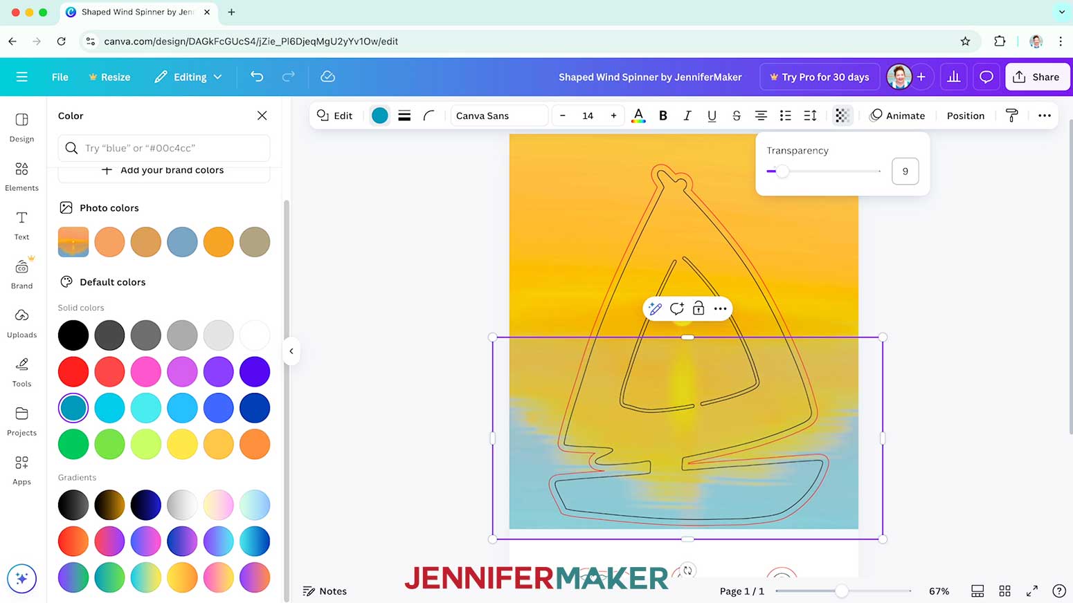 Change the transparency of the square to make it appear as a shadow on top of the shaped wind spinner design.