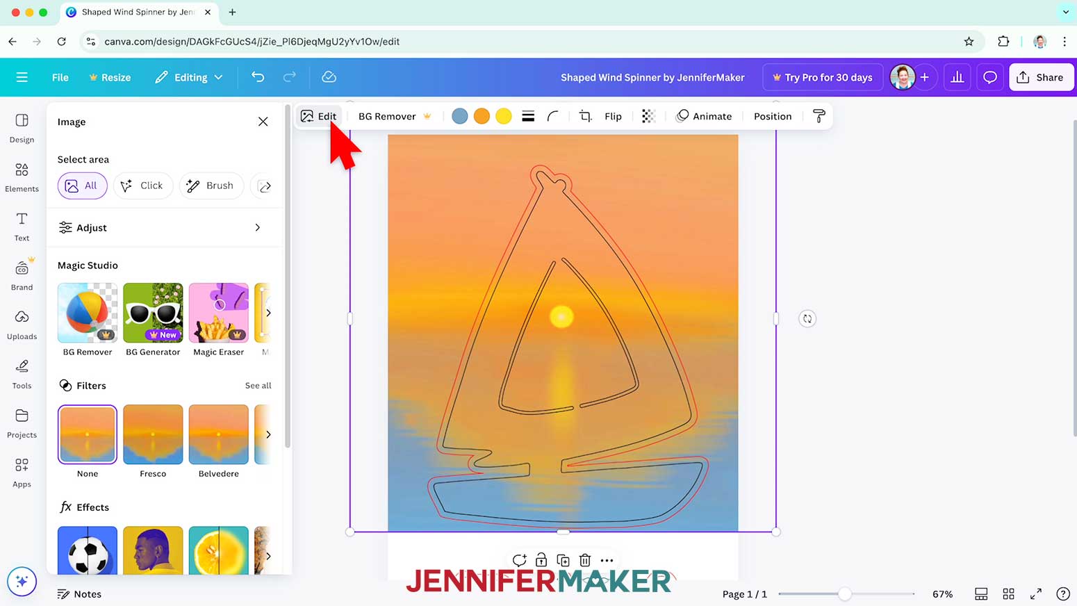 Click the edit button to see the filter options for the shaped wind spinner background.
