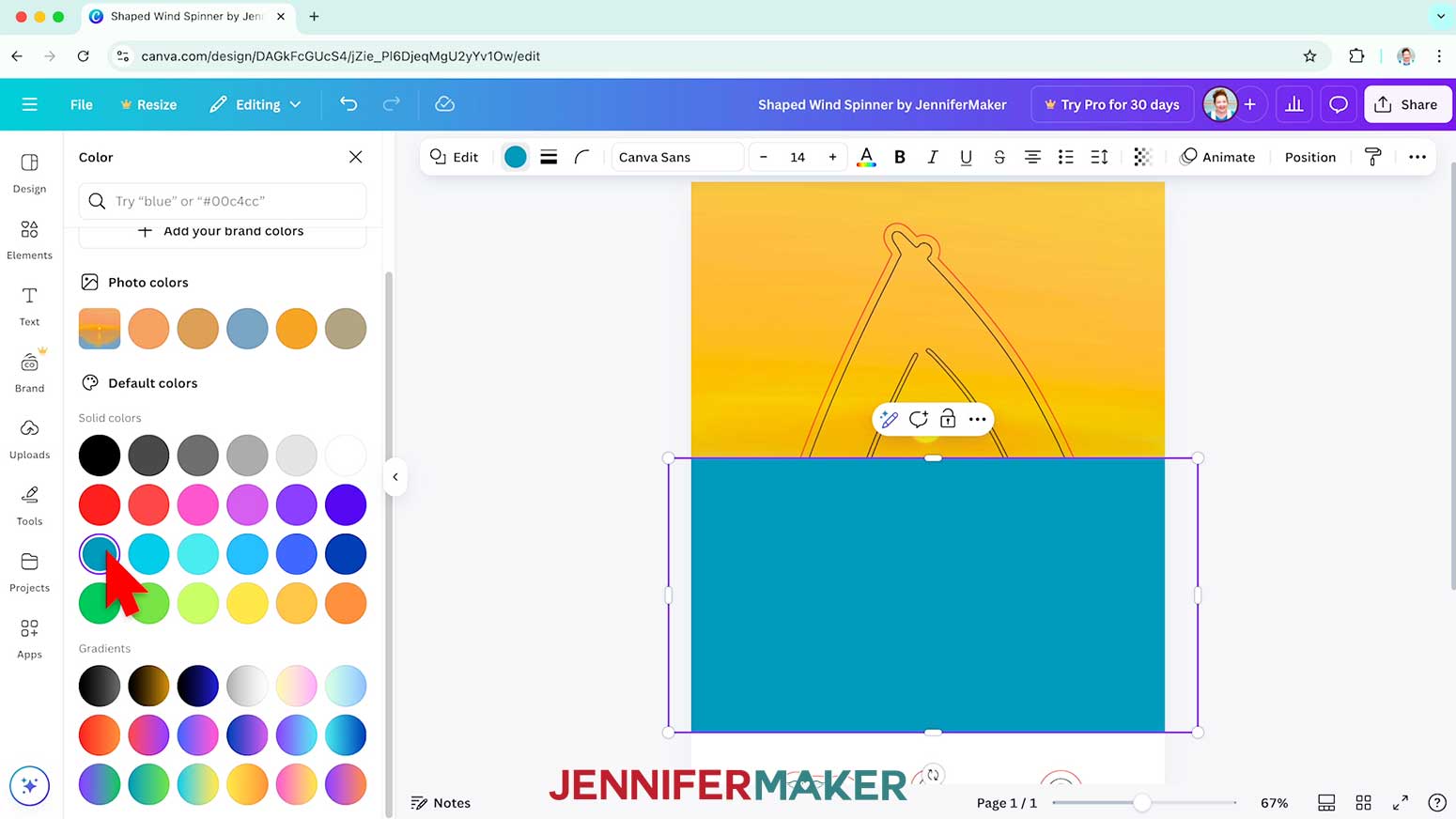 With the square selected choose a new color to match the shade needed in the wind spinner design.