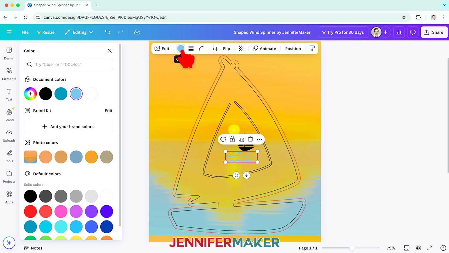 Select the graphic element on the wind spinner design then click the color circle to change the element colors.