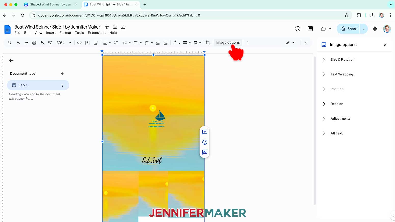 Select image options to see sizing options for the wind spinner design.