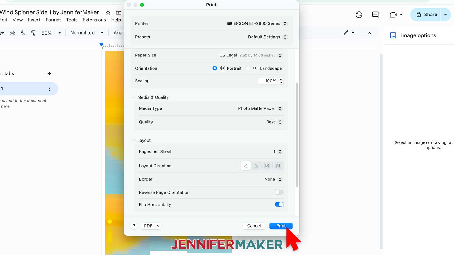Choose the best print settings and mirror the design for the wind spinner document then click print.