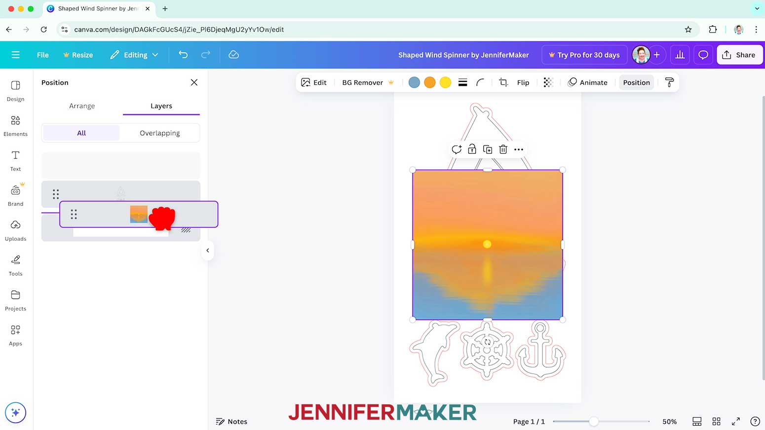 Drag the background layer to the bottom of the layer list to see the outline template of the shaped wind spinner on top.