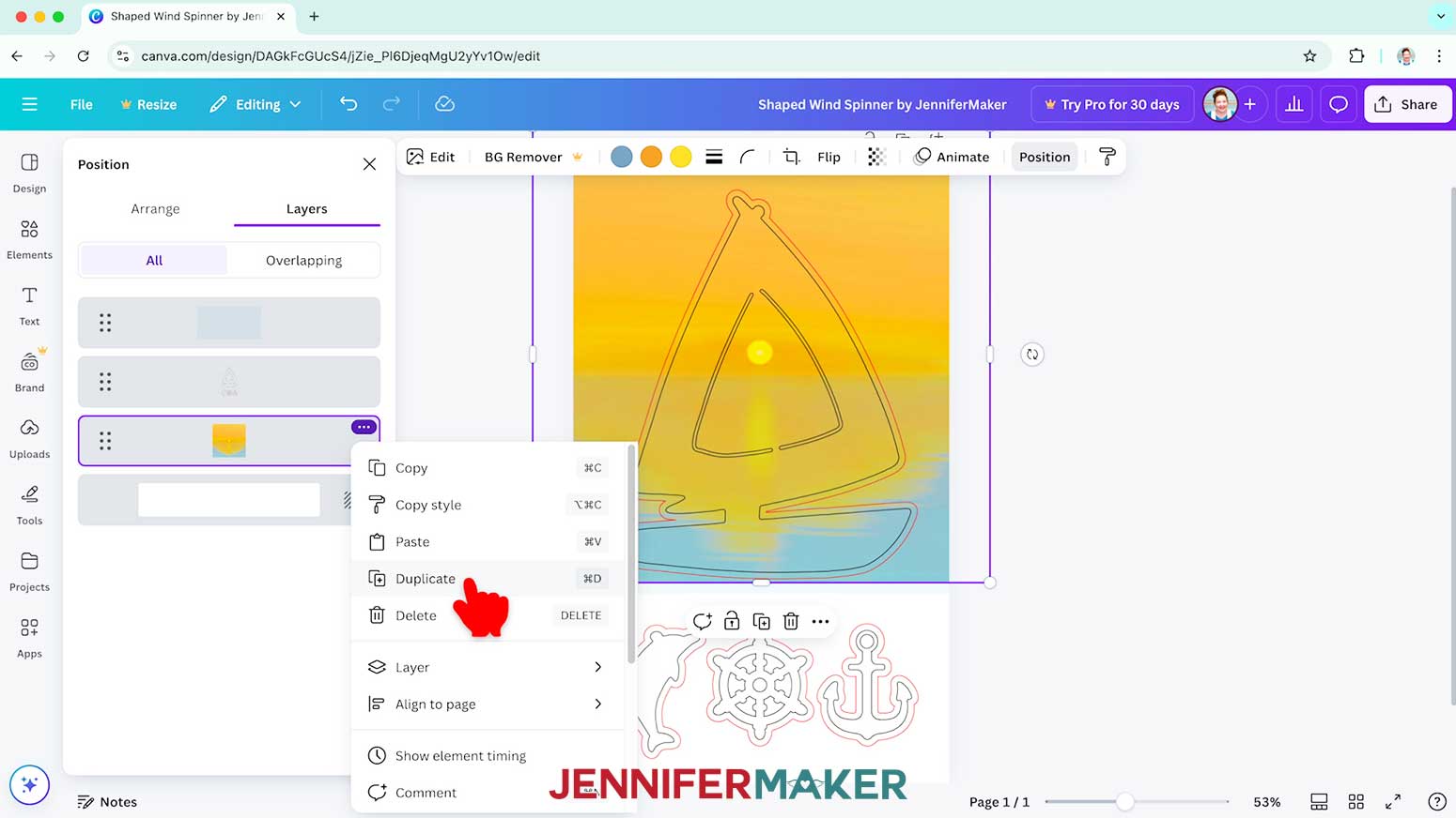 Choose duplicate to create a copy of the background image to use for one of the wind spinner dangles.