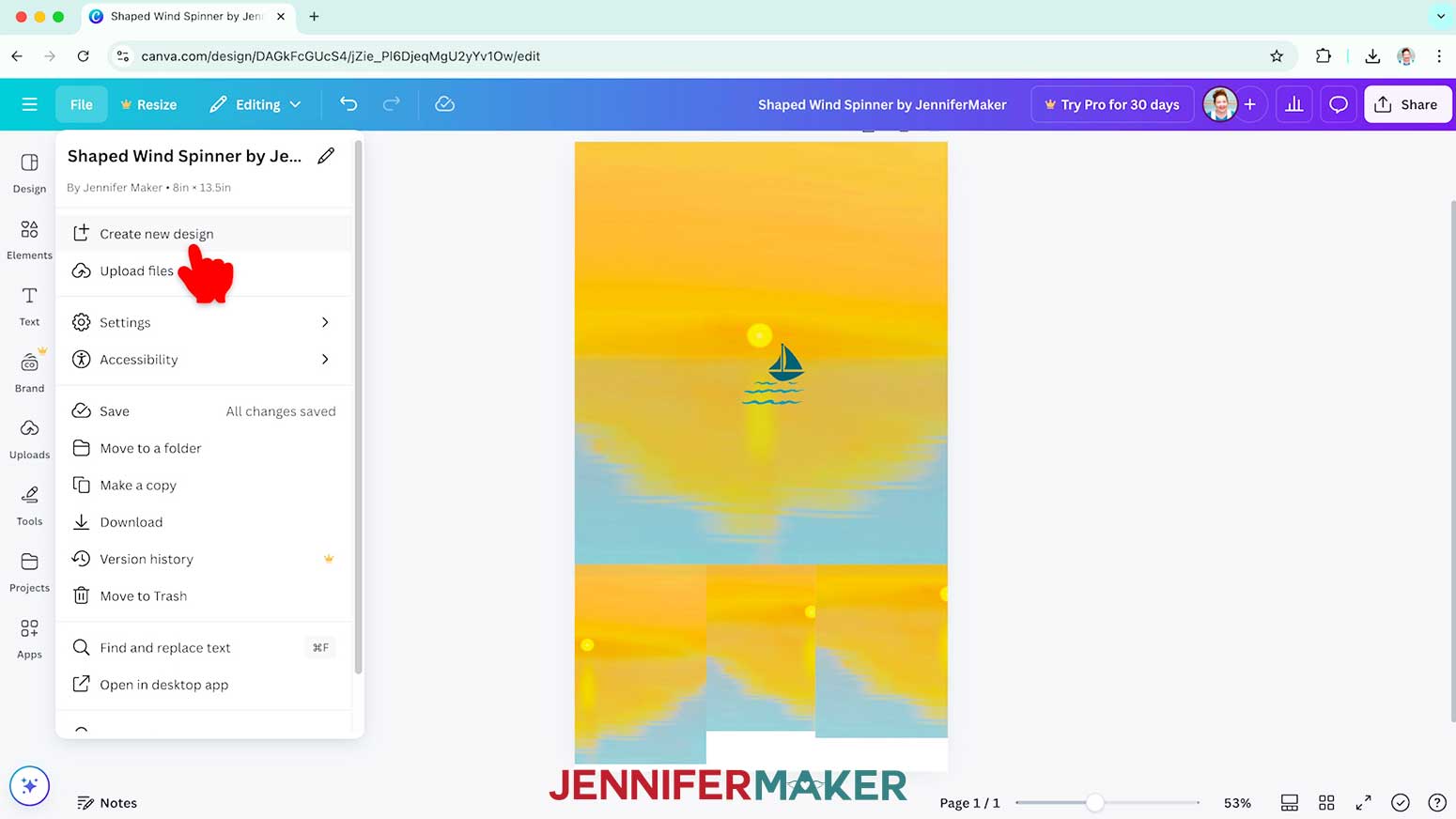 Click Create New Design to start the design for the second side of the shaped wind spinner.