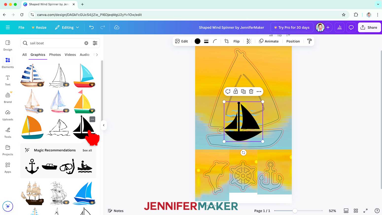 Select a graphic shape to add it to the top layer of the wind spinner design.