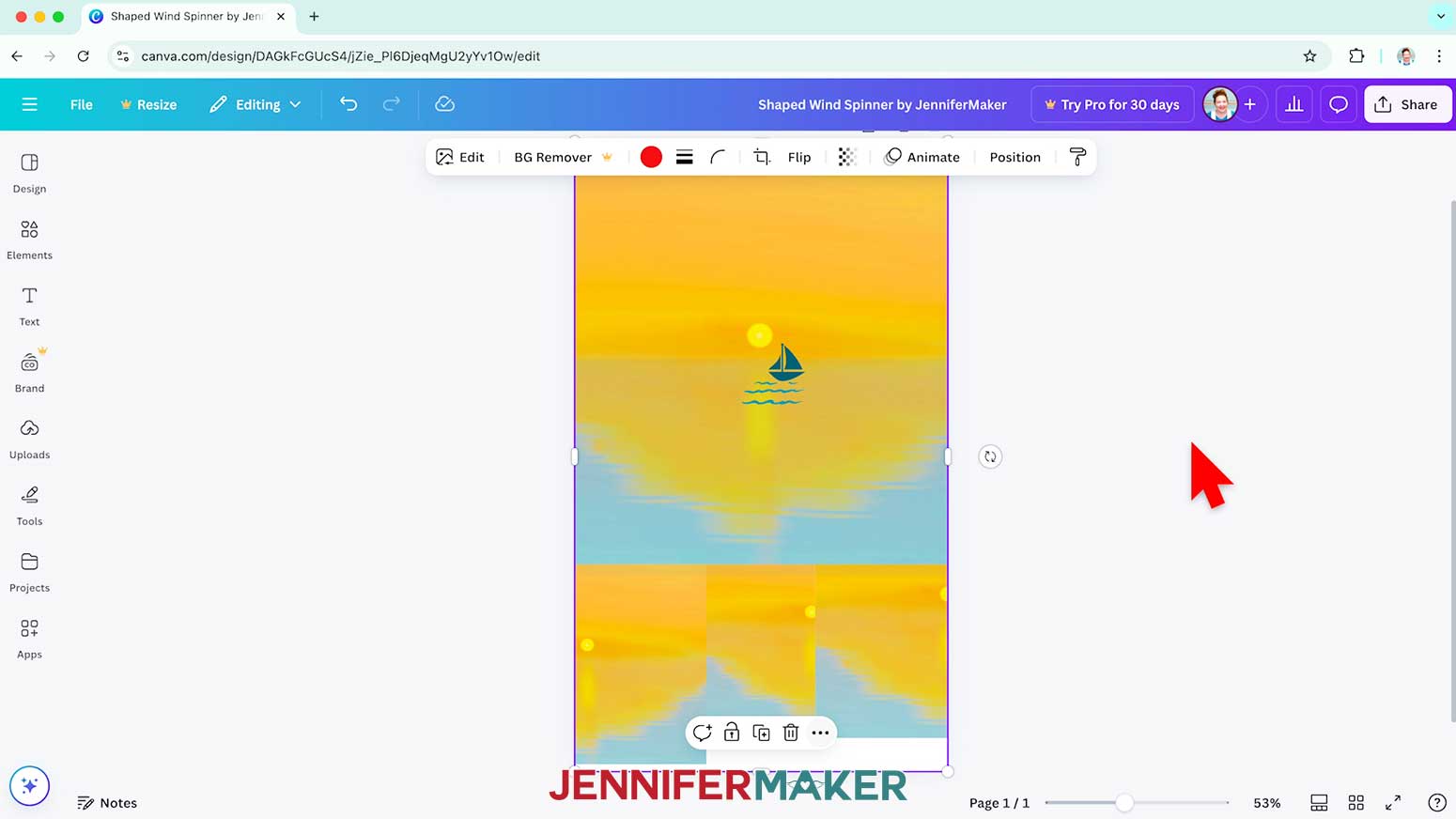 Move the shaped wind spinner template layer to the bottom of the design so it will not print on the finished download.