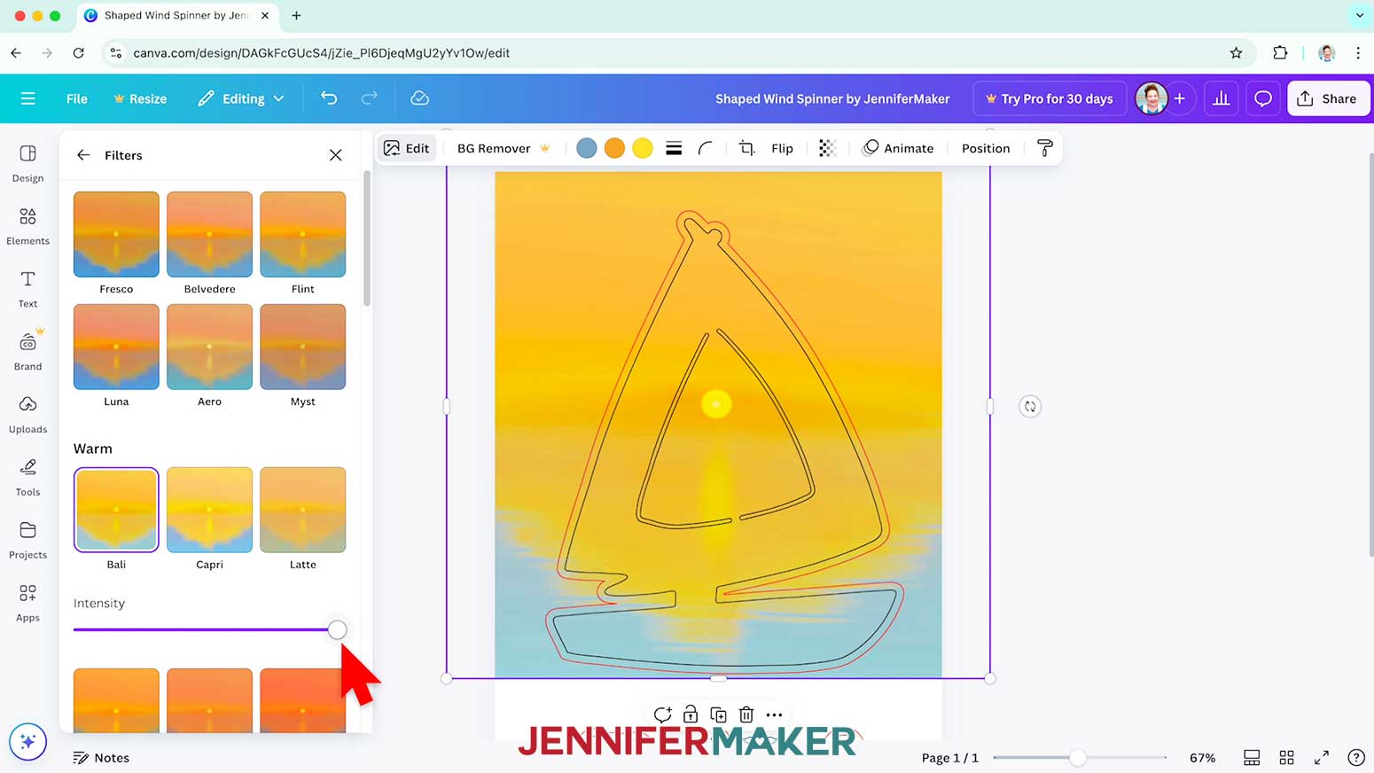 Use the slider button to change the intensity of the applied filter on the shaped wind spinner background.