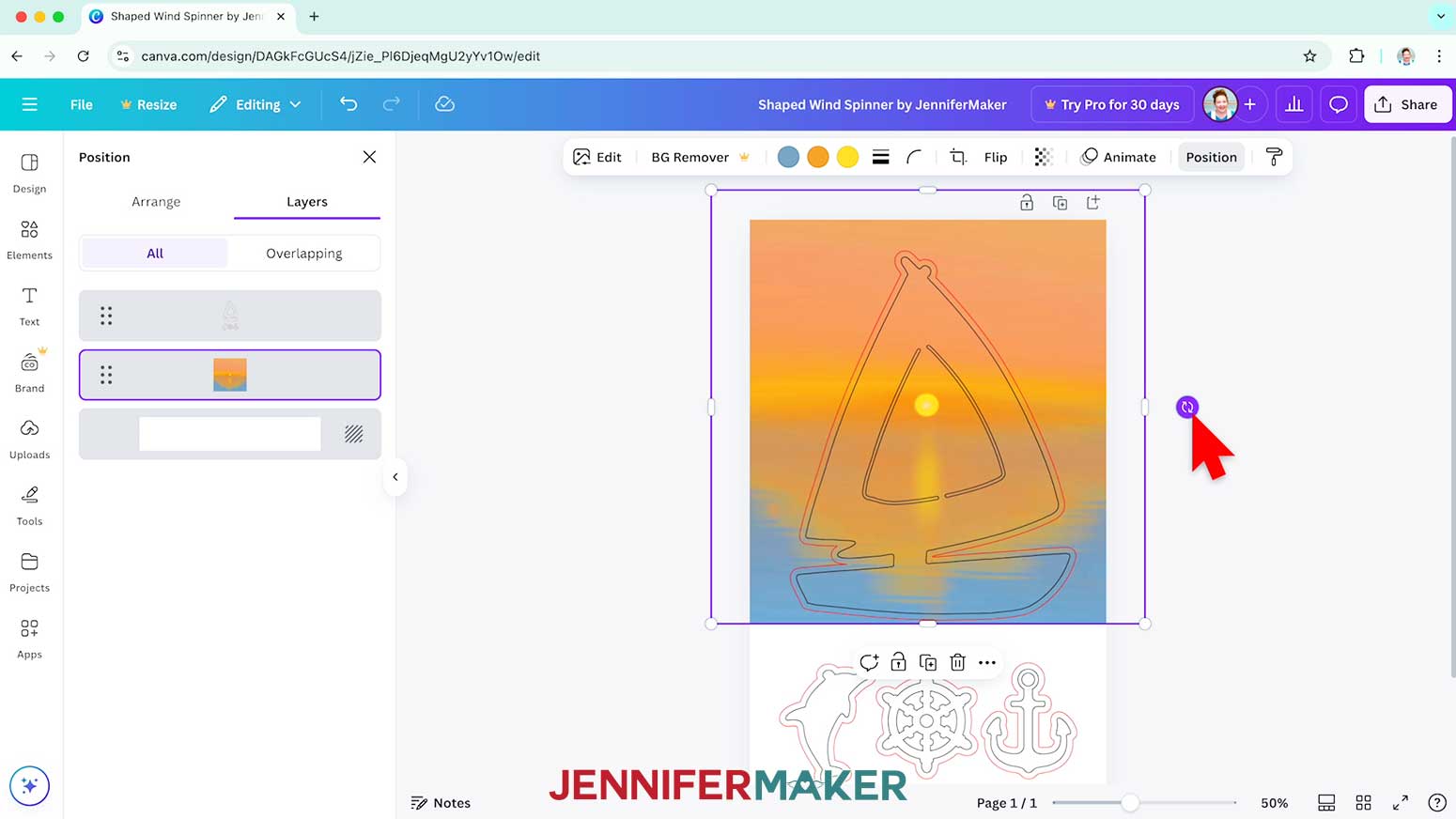 Select and hold the circle off to the side of the wind spinner background image to rotate it if needed.
