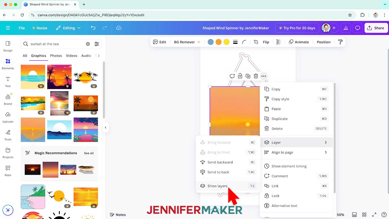 Hover the mouse above the background image of the shaped wind spinner and click the three dots on the menu bar that appears to see menu options.