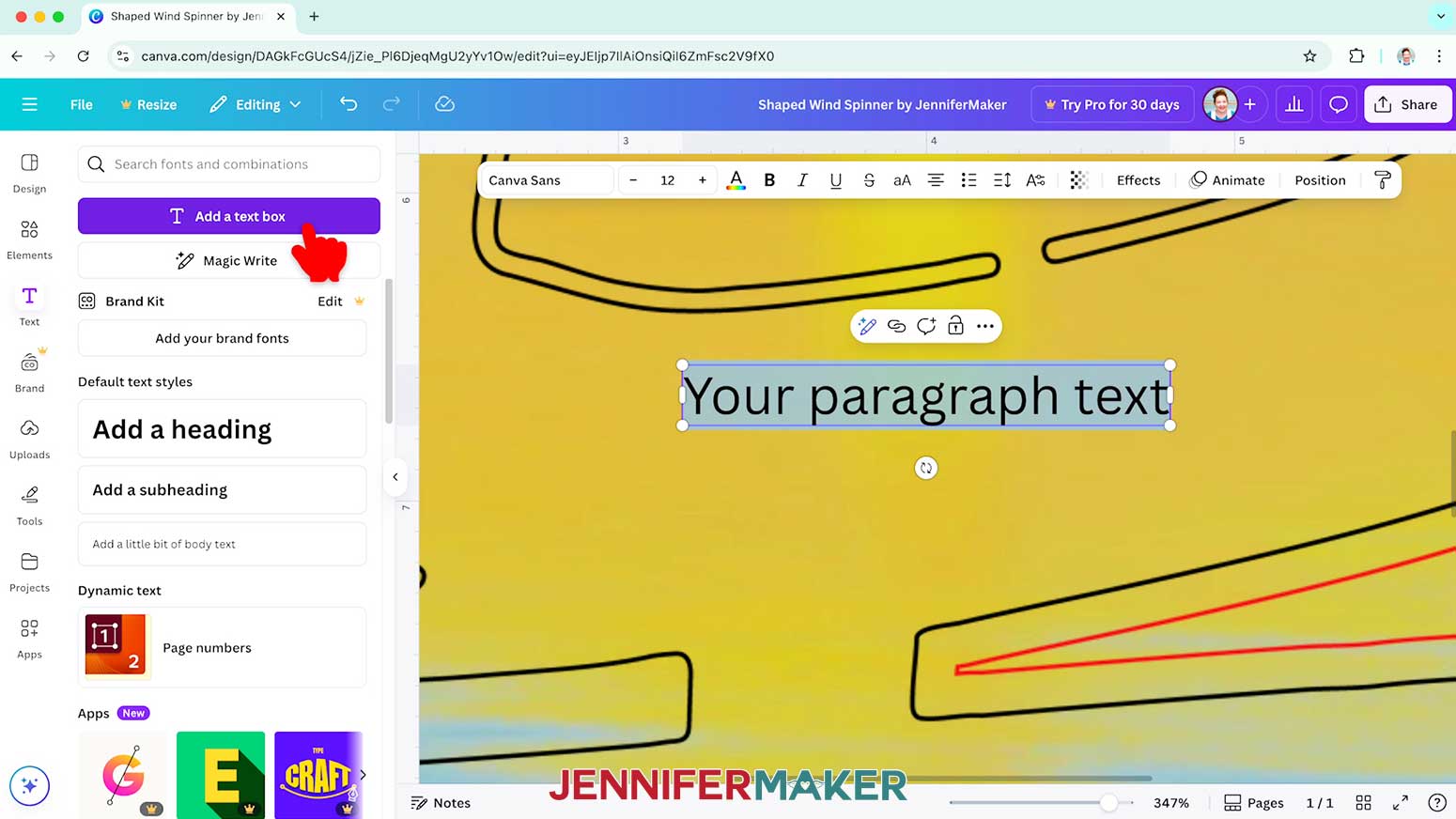 Click the Add a text box button to add text to the wind spinner design.