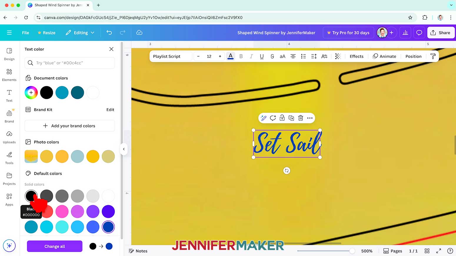 Click the color options to change the color of the selected text on the shaped wind spinner design.