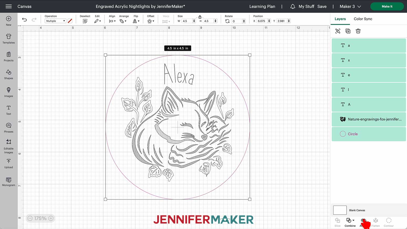 Select the name, guide circle, and design simultaneously and click attach to ensure all elements engrave together.