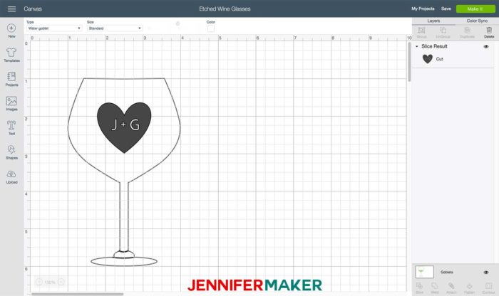 A heart with initials in it on Cricut Design Space for a vinyl decal to be used for etching glass