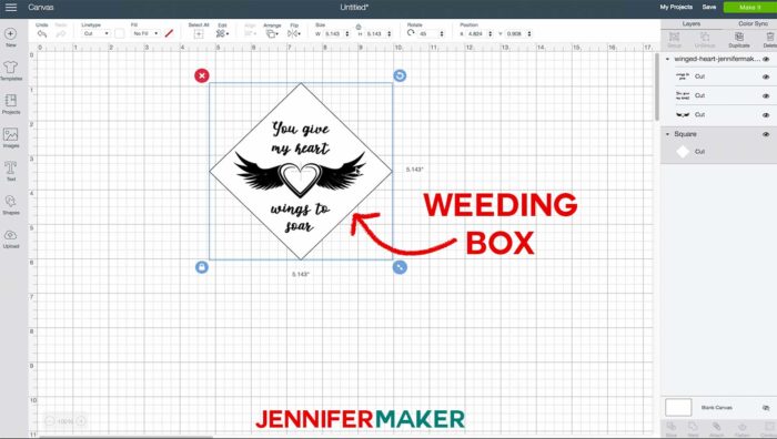 A Cricut Design Space window showing a weeding box around a vinyl design intended for etched glass