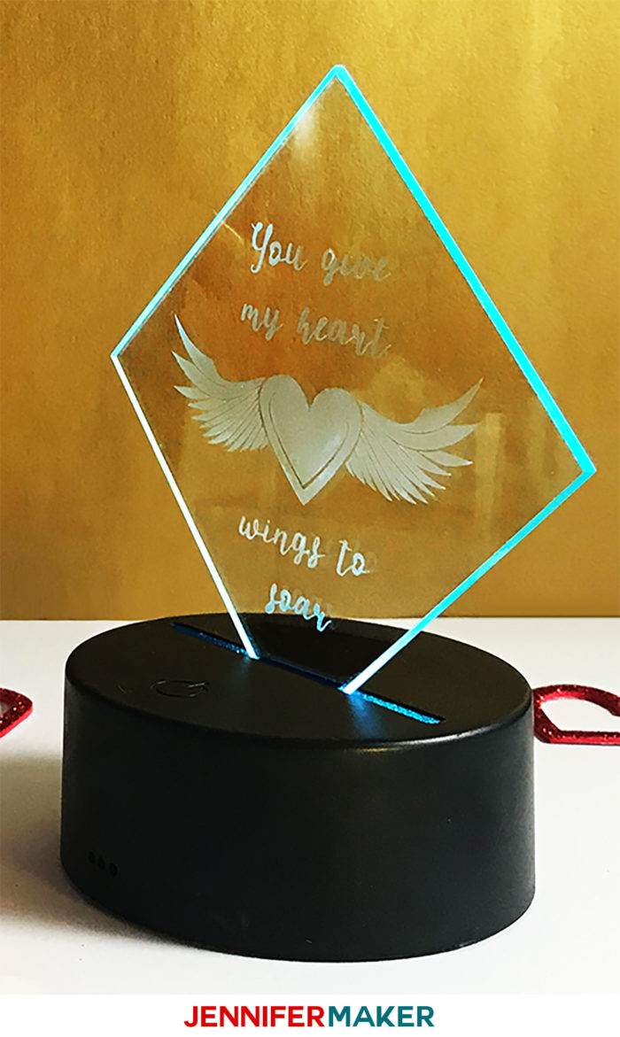 Etched glass plaque with LED base with a winged heart