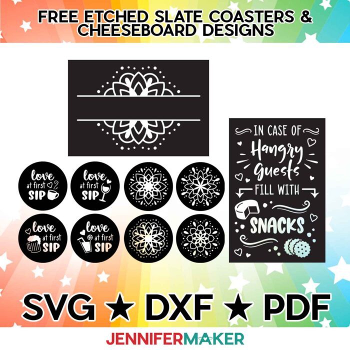 Learn how to etch slate with JenniferMaker's tutorial! Make an etched slate cheeseboard and coasters. Get my free etched slate coasters and cheeseboard designs - SVG, DXF, and PDF. 