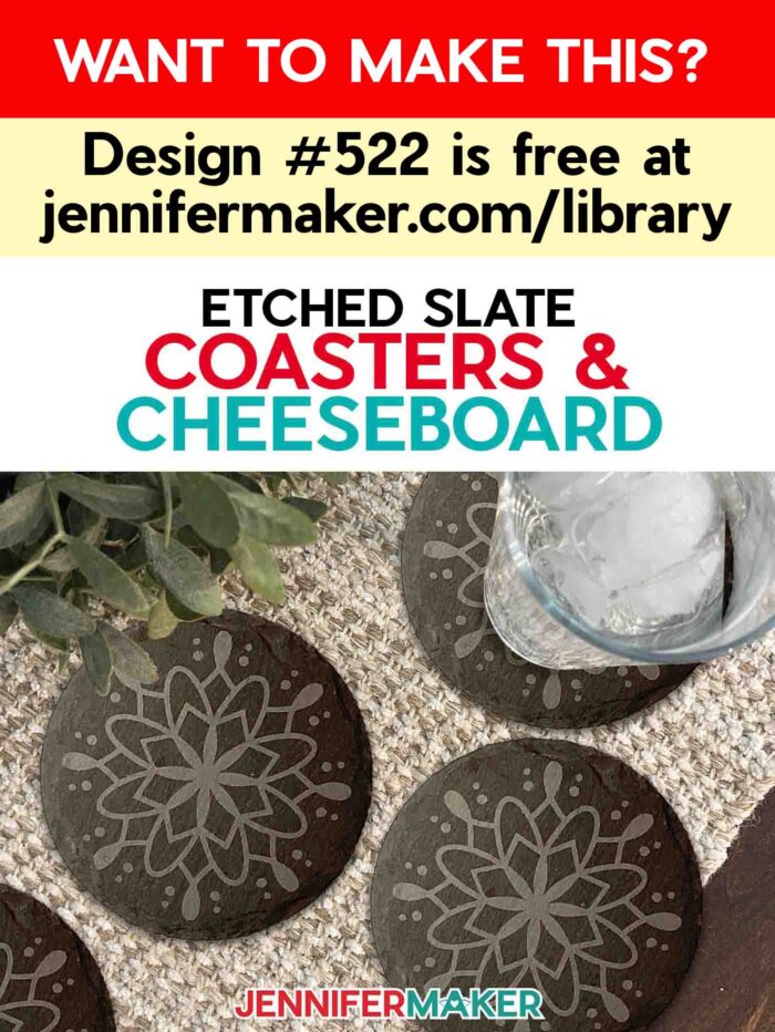 Learn how to etch slate with JenniferMaker's tutorial! Make an etched slate cheeseboard and coasters. Image shows four dark gray slate coasters etched with light gray mandala designs. Want to make this? Design #552 is free at jennifermaker.com/library.