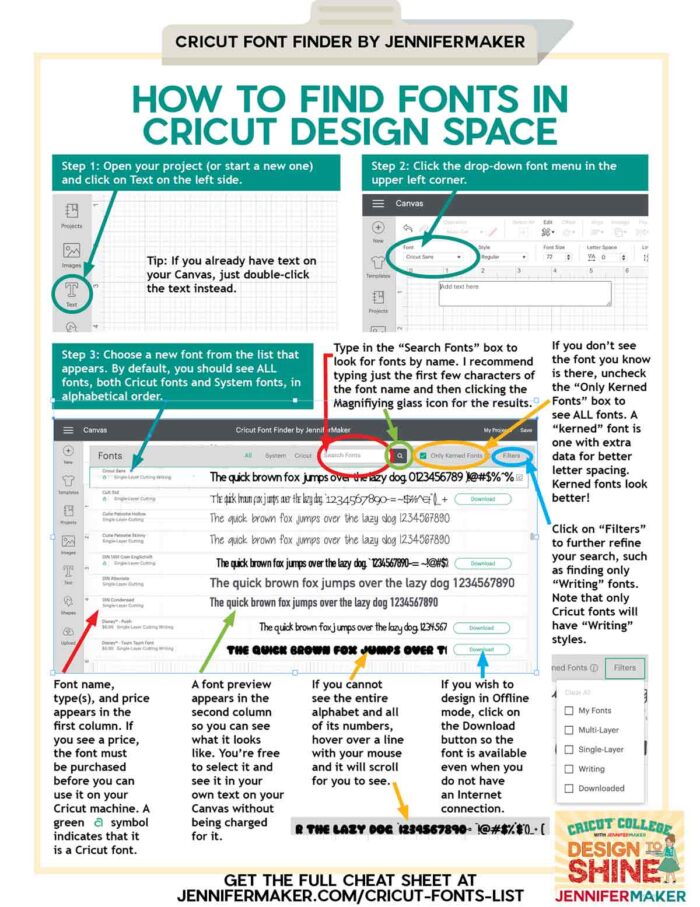 How to Find Fonts in Cricut Design Space Cheat Sheet